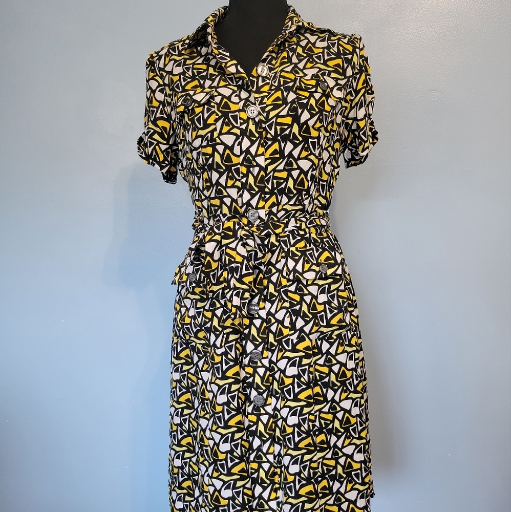 Alfani 100% Silk Button Down Dress Sz 4 Yellow